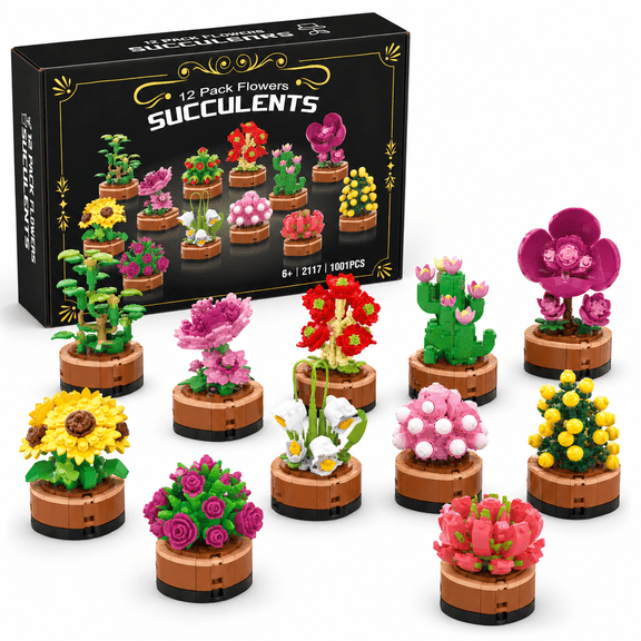 12 Pack Flower Succulent Building Bricks Set Compatible with Lego, 1001 Pcs DIY Creative Bouquet Building Blocks Kit for Adults & Teens, Art Floral Home Decor, Perfect Mother's Day Gift for Mom