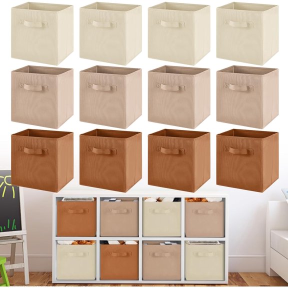 12 Pack Foldable Cube Storage Bins 10.5 In X 10.5 In X 11 In Beige Khaki Brown