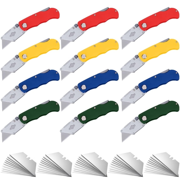 12 Pack Folding Utility Knife with 50 Extra Blades, Heavy Duty Foldable Razor Knife Box Opener for Cartons Cardboard Plastic Sheets, 4 Color Zinc Alloy Plastic Box Cutter for Home Office Warehouse