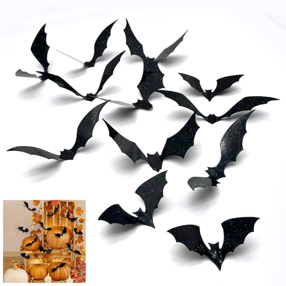 12 Pack Four Size Removable Bat Wall Decals, Repositionable No Paint Damage Adjustable Wing Pose, DIY Spooky Embellishment for Door Cabinet Bathroom Halloween Scene Setup
