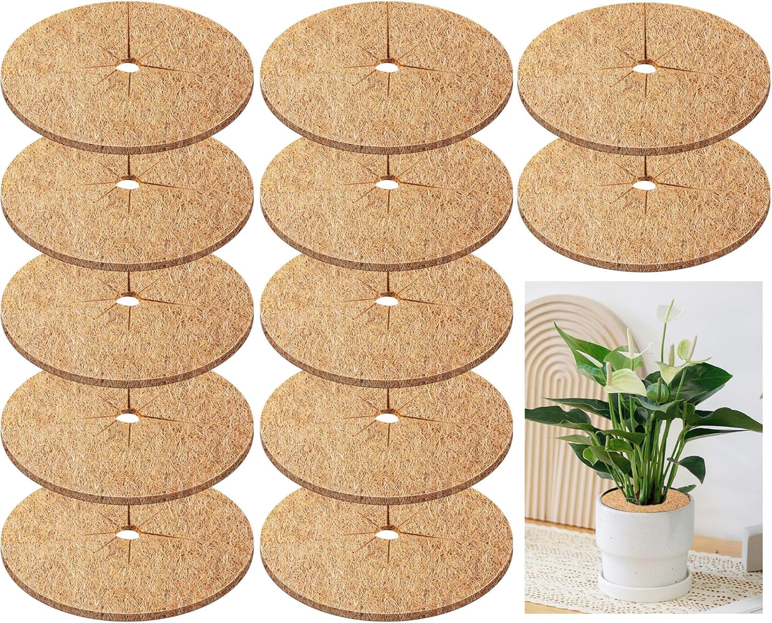 12 Pack Full-Scene Multi-Purpose Universal 11.8 Inch Coconut Coir Mulch Ring, All-Purpose Coco Coir Tree Protector Mat, Wide Use Cover Disc for Home Commercial Indoor Outdoor Garden Spaces