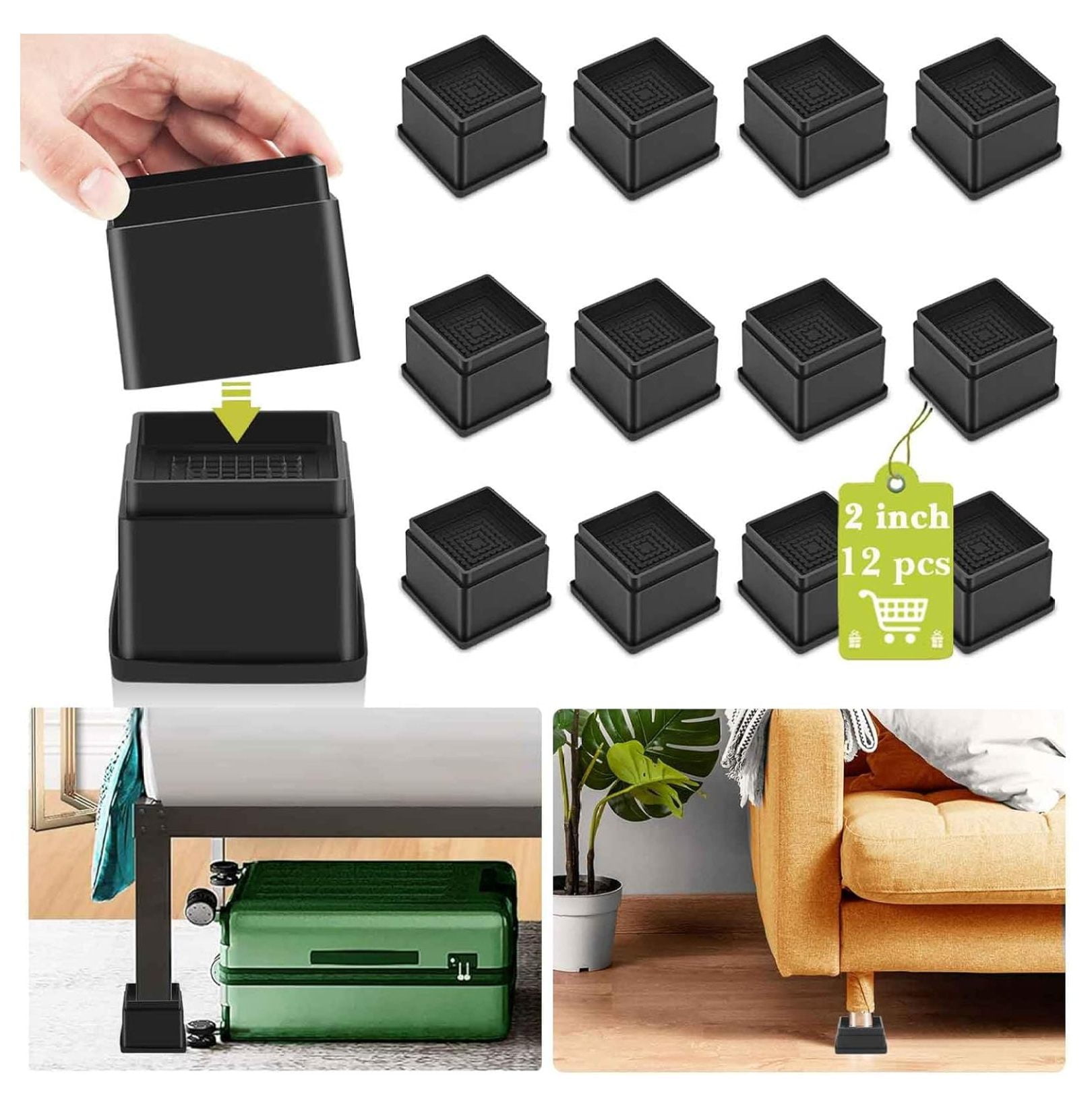 12 Pack Furniture Risers 2 or 4 Inch, Adjustable Bed Risers Heavy Duty ...