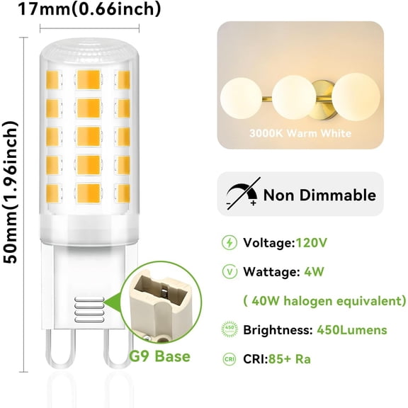 12 Pack G9 LED Bulb 4W Equivalent 40 Watt, Replacement G9 Halogen Light Bulb, 3000K Soft Warm White, T4 Bi-pin Base, Small G 9 Socket for Chandelier, 120V, 450 Lumen, Non-dimmable