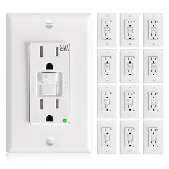 12 Pack GFCI Outlet 15 Amp with Thinner Design, Weather Resistant (WR), Self-Test GFI Receptacles with LED Indicator, Wall Plates and Screws Included, Indoor or Outdoor, ETL Listed, White