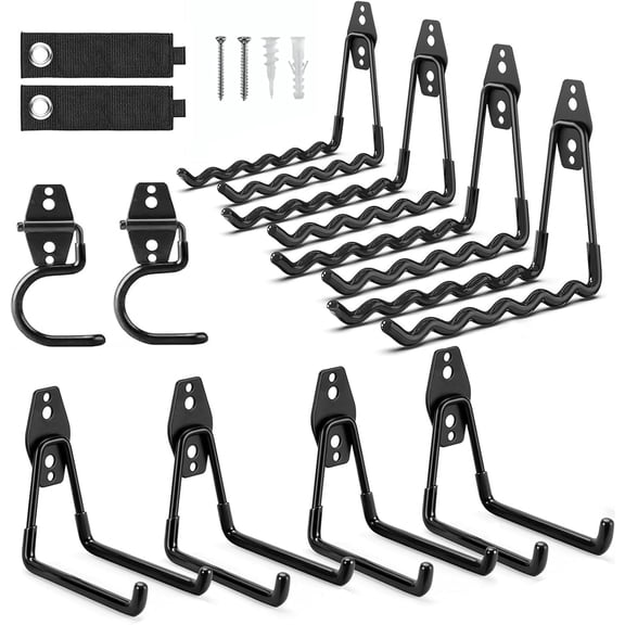 12 Pack Garage Hooks Heavy Duty, Iron Garage Storage Hooks with Anti-Slip Coating, Utility Wall Mount Hangers for Garden and Power Tools, Ladders, Bikes, Hoses and Bulky Items