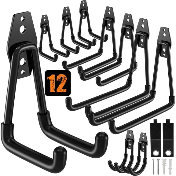 12 Pack Garage Hooks Heavy Duty, Wall Mount Utility Hooks with Extension Cord Straps, Anti-Slip Coating for Bike, Ladder, Hose, Garage Organization, Includes Screws (Black)