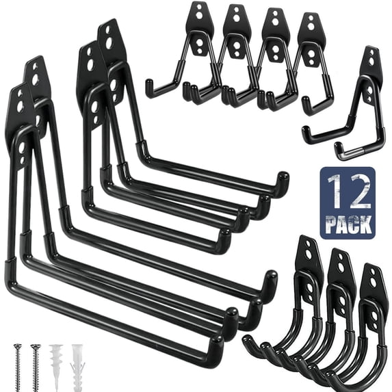 WYAJU 12 Pack Garage Storage Hooks Heavy Duty, Anti-Slip Coating Garage Wall Mount Storage Organizer Solid Steel Wall Mount Hook Set for Hanging Bike, Ladder, Garden Tools