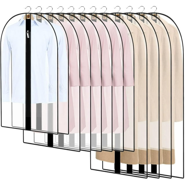 12 Pack Garment Bags with Zipper, 3 Size Dustproof Breathable Clear