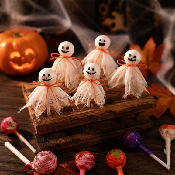 12 Pack Gauze Ghost Lollipop Topper Halloween Decor, Gothic Spooky Tabletop Candy Station Decor, Ghost Face Miniature Picks for Tiered Tray and Dinner Table Seasonal Displays