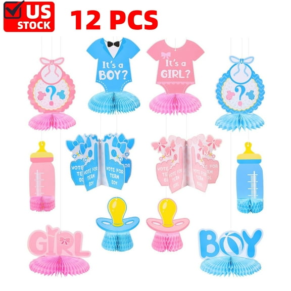 12 Pack Gender Reveal Table Centerpieces Decorations Baby Boy or Girl 3D Honeycomb Blue and Pink He or She Hanging Decorations