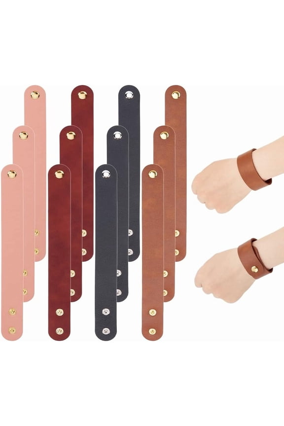 12 Pack Genuine Leather Bracelets 8.7 Inch Adjustable Leather Bracelets Blank Surface Wristband Cuff Bands with Pre-Attached Snap