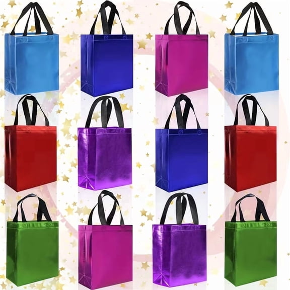 12 Pack Gift Bags Multicolor Plastic Reusable with a Glossy Finish