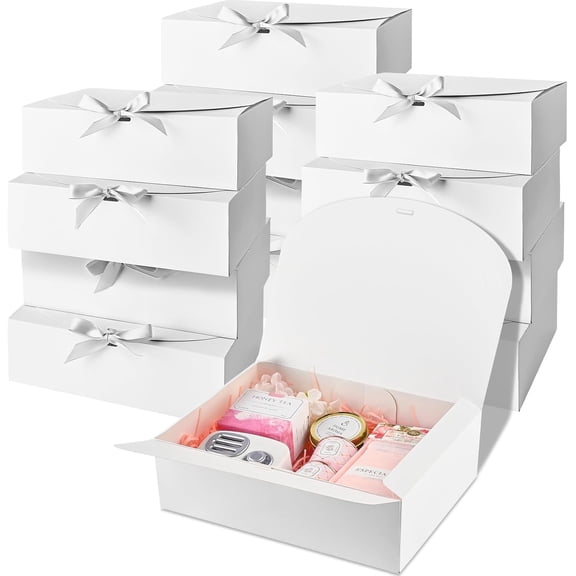 12 Pack Gift Boxes with Lids, 10.6x7.8x3.1 Inch White Paper Box Ribbon, Bridesmaid Proposal for Wedding, Packaging, Baby Shower, Birthday, Christmas, Party, Present Crafting