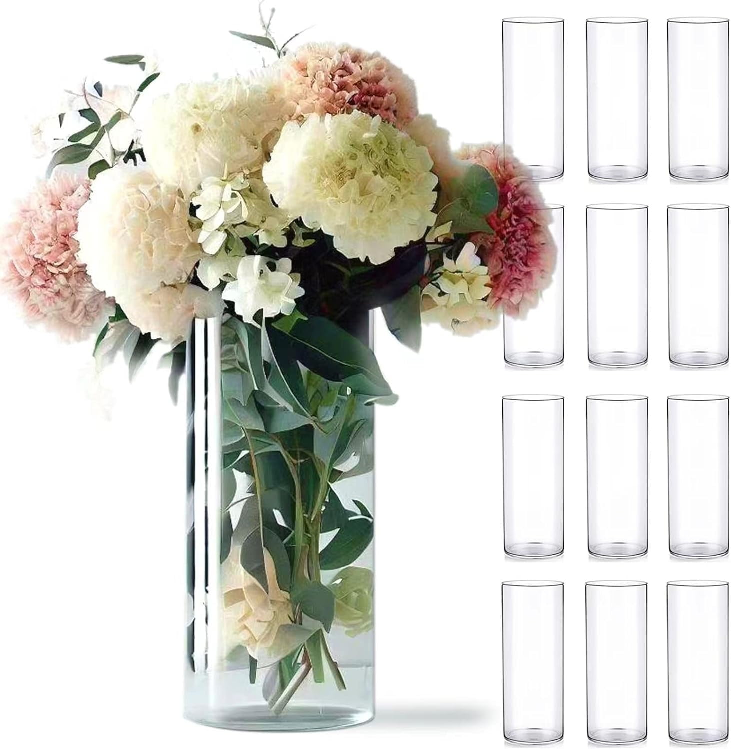 12 Pack Glass Cylinder Vases for Centerpieces, 10" H x 4" W, Clear Tall