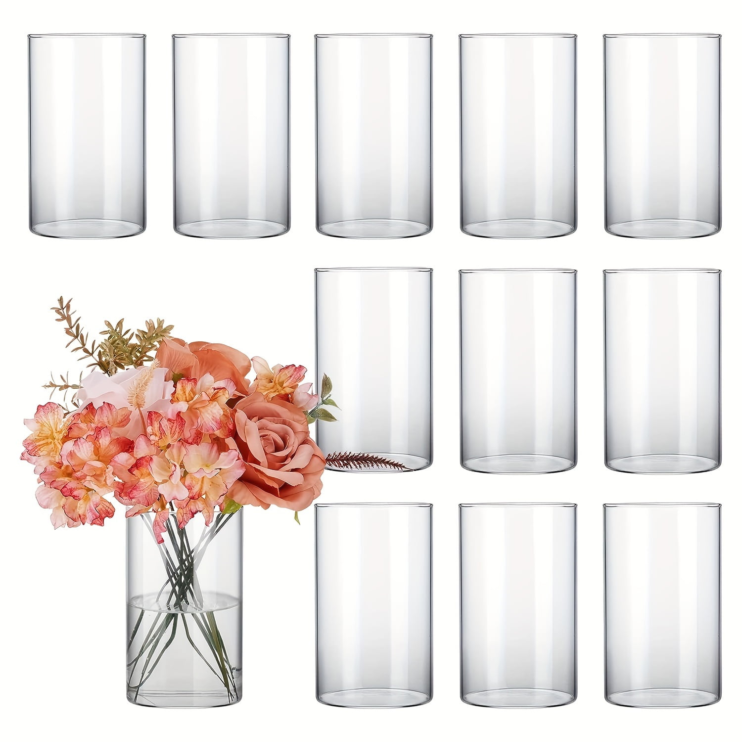12-Pack Glass Cylinder Vases for Centerpieces, 6x3.4 inch Tall Clear  Hurricane Candle Holders for Wedding, Party, Home Table Decor, Bulk Floral  Vases ..., image size:1500x1500