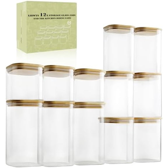 12-Pack Glass Pantry Storage Containers with Bamboo Lids (0.76Qt/1.22Qt/1.67Qt) - Stackable Square Food Jars for Pantry Organization, Coffee, Flour, Snacks, Tea | Kitchen Canisters Set