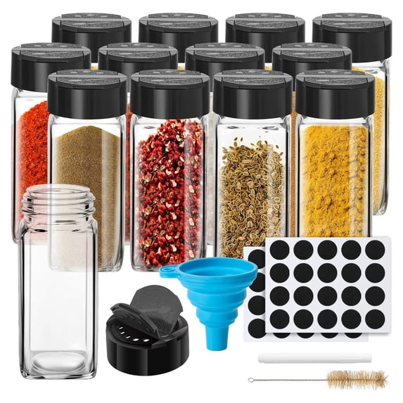 12 Pack Glass Spice Jars with Labels 4oz Spices Containers Black Shaker ...