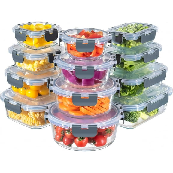 12-Pack Glass Storage Containers with Lids, Airtight Meal Prep Containers Set, Microwave, Oven, Freezer and Dishwasher Safe, Gray