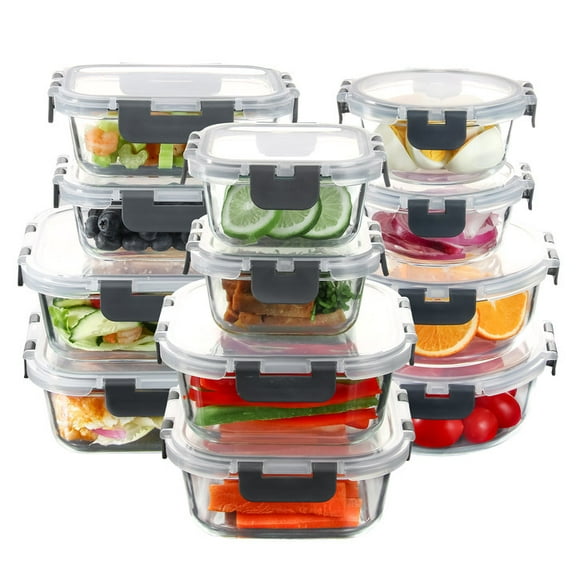 12 Pack Glass Food Storage Containers with Sanp Locking Lids, Airtight Meal Prep Containers for Kitchen, Leftovers, To-go, Gym, Office, Dishwasher/ Freezer/ Microwave Safe