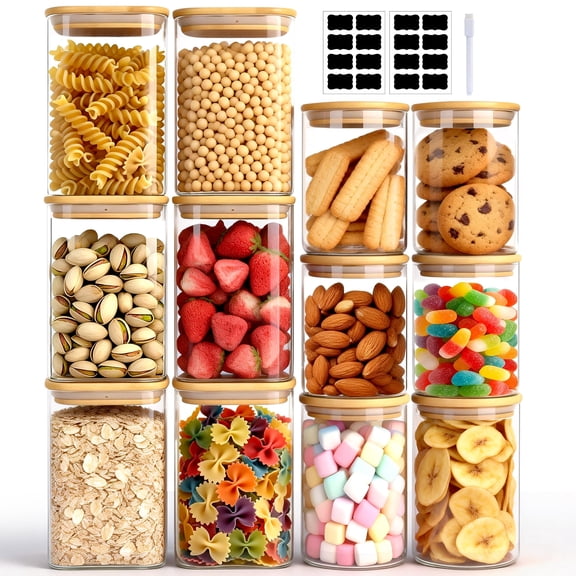 12 Pack Glass Storage Jars Set, 23oz & 37oz Clear Glass Food Storage Containers with Airtight Bamboo Lid, Stackable Kitchen Canisters for Candy, Cookie, Flour, Pasta, Nuts & Spice ( Labels + Marker)