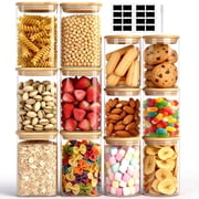 12 Pack Glass Storage Jars Set, 23oz & 37oz Clear Glass Food Storage Containers with Airtight Bamboo Lid, Stackable Kitchen Canisters for Candy, Cookie, Flour, Pasta, Nuts & Spice  Labels + Marker