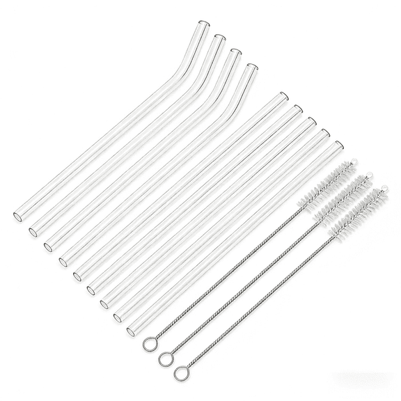 12-Pack Glass Straws with 4 Cleaning Brushes, Wide 0.39" Diameter for Thick Drinks