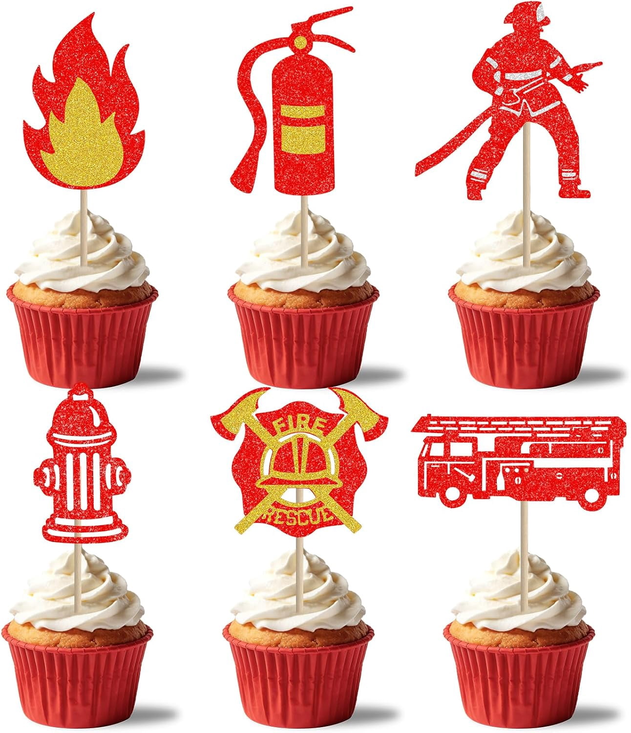 Pack Fire 12 Pack Glitter Fire Truck Firefighter Cupcake Picks, Fire Truck ...