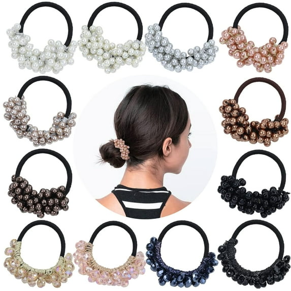 12 Pack Glitter Pearl Crystal Hair Scrunchies Stretchy Hair Ties Elastics Rubber Bands Ponytail Holders Hairbands Accessories for Women Girls Multi-colored