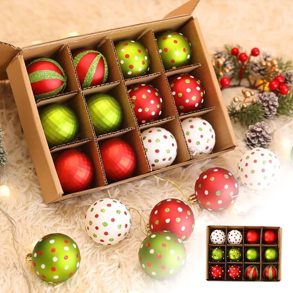 12 Pack Glittering Christmas Ball Ornaments Red Green Shatterproof Hanging Baubles, Xmas Tree Decorations Set for Holiday Party, Wreath Garland Indoor Home Display 2.3Inch