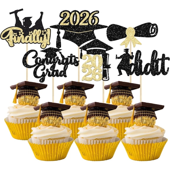 12 Pack Gold & Black Glitter 2026 Graduation Cupcake Toppers, Congrats Grad, Finally, I Did It Party Picks Decorations