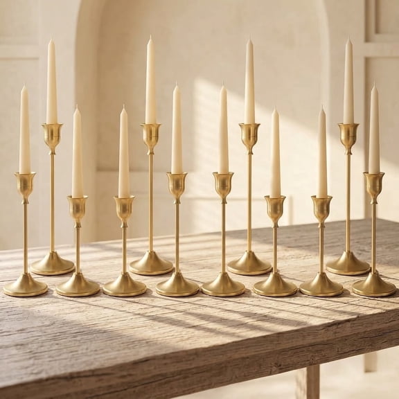 12Pack Gold Candlestick Holders, Vintage Metal Taper Candle Stands, Golden Brass Finish Decorative Candle Holders for Wedding Table Centerpieces & Home Decor