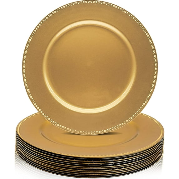 12 Pack Gold Charger Plates with Beaded, 13 Inch Round Charger for Dinner Plate - Plastic Decor Charger Plate for Wedding, Party, Restaurant, Thanksgiving, Family Gathering