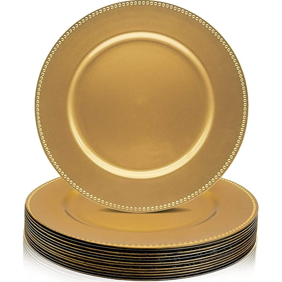 12 Pack Gold Charger Plates with Beaded, 13 Inch Round Charger for Dinner Plate - Plastic Decor Charger Plate for Wedding, Party, Restaurant, Thanksgiving, Family Gathering