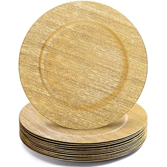 12 Pack Gold Charger Plates for Dinner Plates, 13 Inch Round Plastic Shiny Texture Strip Charger Plates for Wedding Thanksgiving Christmas Party Event Catering Hotel Tabletop Setting Decor
