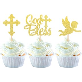 12 Pack Gold Glitter God Bless Cupcake Toppers, Cross Angel Religious Cupcake Picks for Baptism Christening Party Decor