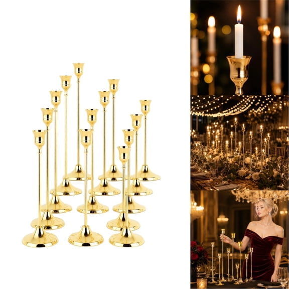 12 Pack Gold Metal Candlestick Set, Retro European Style Taper Candle Holders, Luxury Candle Stands for Wedding & Home
