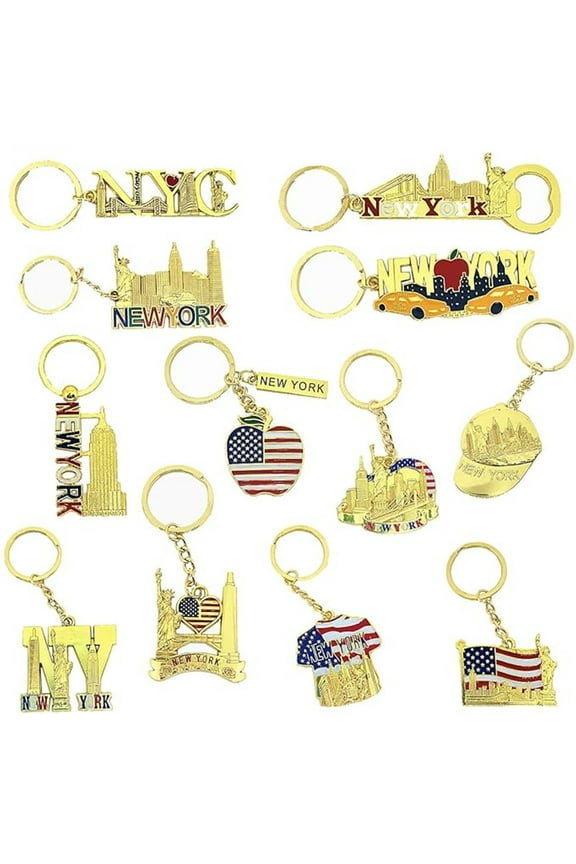 12 Pack Gold NYC Souvenir Keychain Collection New York Metal Keychain Ring Bundle Includes Empire State, Freedom Tower, Statue Of Liberty, USA Flag, NY Cab, Bottle Opener too And More