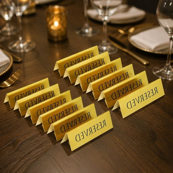 12-Pack Gold Table Reserved Signs, Tent-Shaped Double Sided Metal Table Cards for Restaurants, Weddings, Ceremonies and Events, 6 x 1.75 Inches