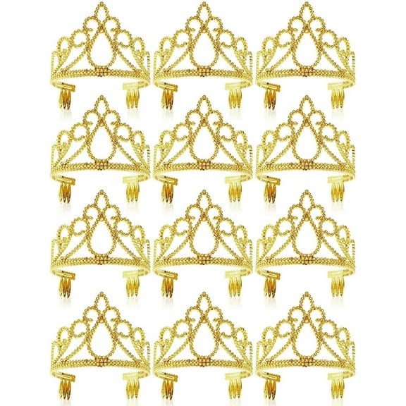 BLUE PANDA Princess Crown Tiara Set - 12 Pack Gold Plastic Crowns - 4.5 in Diameter & 3.5 in Height - Girls & Kids Tiaras with Sparkling Rhinestones - Bulk Party Favors