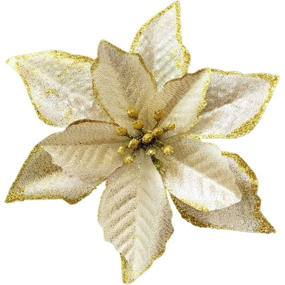 12 Pack Gold Xmas Glitter Poinsettia 5.1 inch Artificial Flowers Christmas Tree Decorations Clearance Ornaments