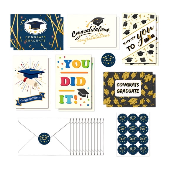 12 Pack Graduation Cards, Graduation Cards Assortment with Envelopes and Seal Sticker, Congratulations Grad for College High School Graduation Gifts Party Supplies