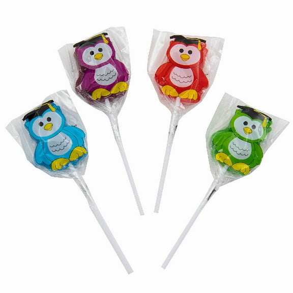 12-Pack Graduation Owl Lollipops - Sour Fruit-Flavored Pops in Watermelon, Lime, Blue Raspberry & Grape