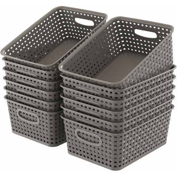 12-Pack Gray Woven Plastic Storage Basket Stackable Organizer (10.1L x 7.6W x 4.1H)