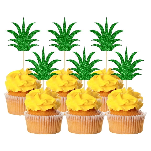12 Pack Green Glitter Pineapple Leaves Cupcake Toppers, Tropical Luau Party Picks Decorations