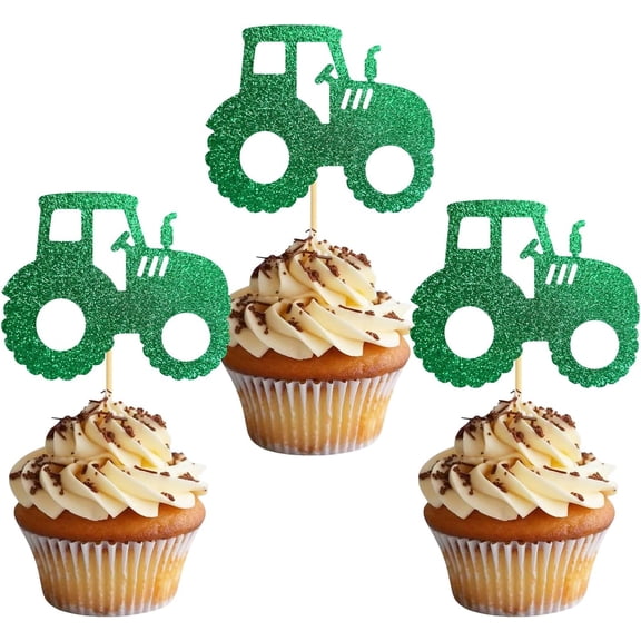 12 Pack Green Glitter Tractor Cupcake Toppers, Farm Themed Cupcake Picks for Farmer Birthday Party, Barnyard Baby Shower Cake Decorations Supplies