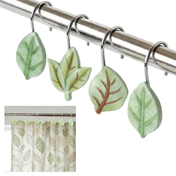 12-Pack Green Leaf Shower Curtain Hooks - Rustproof Metal Decorative Rings with Cute Eucalyptus Leaf Design - Botanical Bathroom Decor Accessories