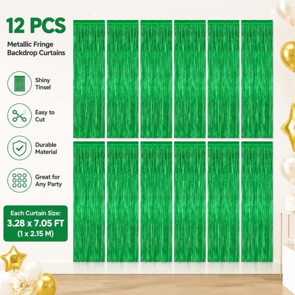 12 Pack Green Metallic Foil Curtain Decorations, 3.28 x 7.05 FT Tinsel Backdrop, St Patrick's Day and Christmas Party Streamers