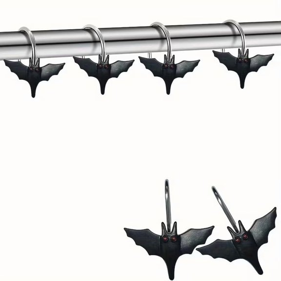 12 Pack Halloween Bat Shower Curtain Hooks Rust Resistant Metal Gothic Bathroom Hooks for Standard Rods Spooky Home Decor