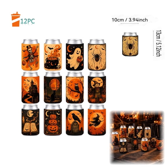 12 Pack Halloween Can Cooler Sleeves Spooky Vintage Drink Coozies Reusable Neoprene Soda Can Insulator for Party Fall Halloween Decor Beverage Accessory Set