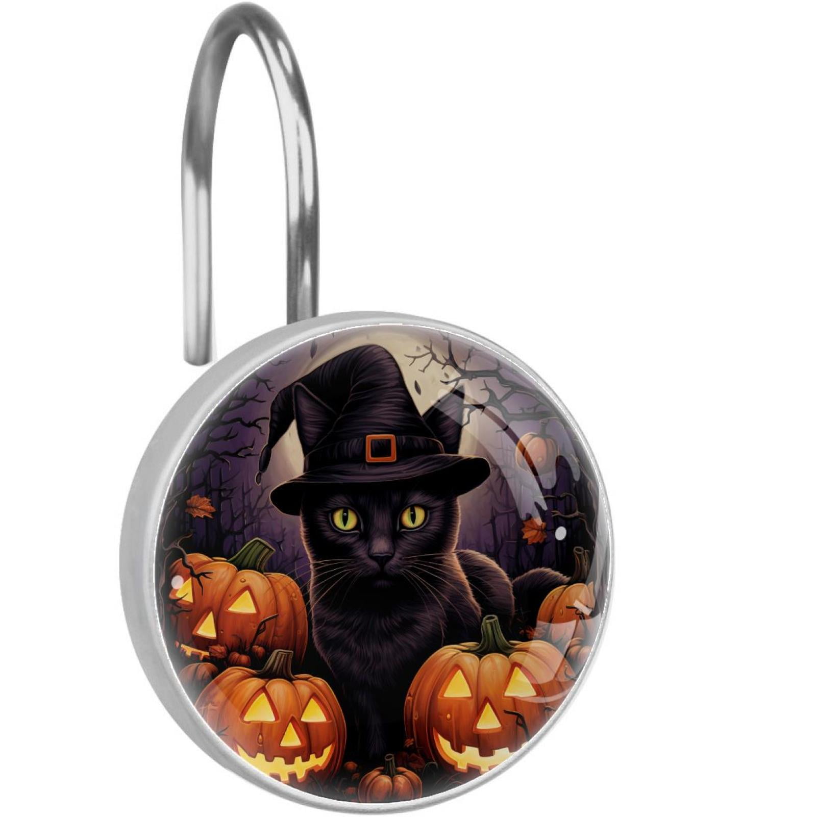 12Pack Halloween Cat Pumpkin Crystal Glass Shower Curtain Hooks Rings